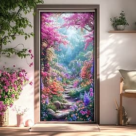 Dreamy Blossom Garden Door Cover, 2D Flat Print Vibrant Floral Pathway and Cherry Trees Scene, Elegant Home Decor, Perfect for Front Door or Entryway Decoratio