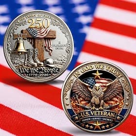 U.S. Veteran In God We Trust 250 Years of Freedom Commemorative Coin Challenge Coin 1776-2026 Limited Edition Coin with Eagle, Military Boots, Liberty Bell Am