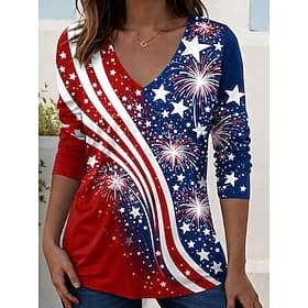T-shirt patriote pour femmes du Jour de l'Indépendance avec impression graphique drapeau américain vintage élégant classique à manches longues col en V regular