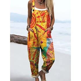 Damen Overall Streetwear Grafik Ärmellos Ärmellos Quadrathals Tasche Druck Täglich Urlaub Lässiger Schnitt Gelb Sommer
