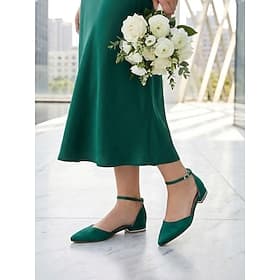 Women's Emerald Green Ankle Strap Low Heel Pumps – Elegant Bridesmaid Shoes for City Weddings