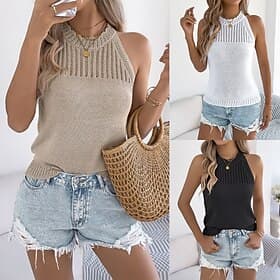Damen Pullover Pullunder Lässig Weich Einfarbig Gehäkelt Neckholder Gestrickt Ärmellos Normale Oberteile Stricken Täglich Outdoor Wochenende Schwarz Weiß Somme