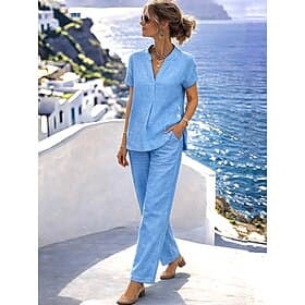 Femmes Ensemble effet lin Ensembles de Pantalons boléro Manche Courte Col en V Couleur Unie Mode Streetwear Occasionnel Quotidien Extérieur Bleu Blanche Bleu M
