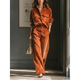 Women's Pants Sets Bolero Top Long Sleeve Shirt Collar Solid Color Fashion Streetwear Casual Daily Outdoor Brown Spring Regular Fit