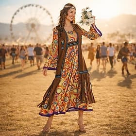 Sett Retro / vintage 1970erne disco Kjoler Drakter Semsket vest Lange Ermer Hippie Disk Dusk Blomstret Kostyme Dame Halloween Karneval Maskerade musikk festiva