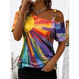 Femmes T-shirt Imprimé Asymétrique Graphique Géométrique Abstrait ancien Mode Élégant Manche Courte Une Épaule Épaules Dénudées Hauts Réguliers Quotidien Sorti