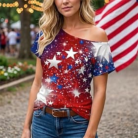 250e anniversaire des États-Unis Rétro Vintage Années 1980 T-shirt Une Epaule Manches courtes Déguisement Femmes 4 Juillet Jour de l'indépendance Adulte T-shir