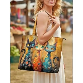 Sac cabas en polyester pour femme, grande capacité avec fermeture éclair, plusieurs motifs de chats, parfait pour les vacances, le shopping et une utilisation