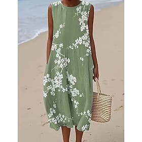 Damen Midikleid Shiftkleid Sommerkleid A Linie Kleid Urlaub Lässig Boho Strand Party Lässiger Schnitt Blumen Grafik Ärmellos Rundhalsausschnitt Blau Purpur Grü