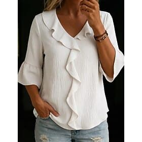 Women's Blouse Ruffle Solid Color Stylish Casual 3/4 Length Sleeve V Neck Regular Tops Daily Black White Pink Red Green Spring Fall