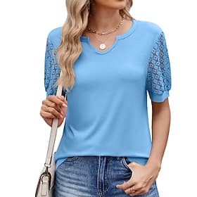 Women's T Shirt Tee Top Lace Solid Color Fashion Classic Casual Short Sleeve V Neck Regular Tops Daily Going out Weekend Black White Pink Sky Blue Rose Red Sum