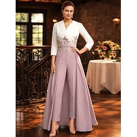 Dos Piezas Traje de pantalón Hasta el Tobillo Vestido de Madrina Manga 3/4 Escote en Pico Elegante Fiesta Formal Invitado a la boda Crepé Encaje con Apliques B