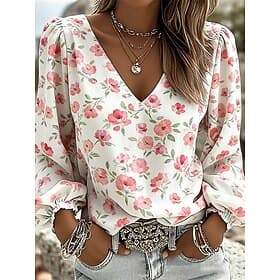 Women's Blouse Floral Daily Stylish Casual Long Sleeve V Neck Regular Tops Daily Sage Green White Light Green Pink Red Summer Spring Fall