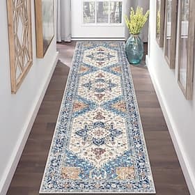 Persian Ethnic Style Corridor Rug Faux Cashmere Durable Non-Slip Bedroom Bedside Mat Easy-to-Clean Living Room Carpet