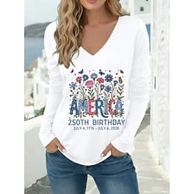 American Independence Day Women's T Shirt Tee Top Print Floral Graphic Stylish Classic Casual Long Sleeve V Neck Regular Tops Daily Going out Blue White Red Li