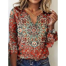 Women's T Shirt Tee Top Print Floral Graphic Bohemia Vintage Long Sleeve V Neck Regular Tops Daily Going out Weekend Blue Yellow Wine Khaki Summer Spring