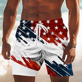 Men's 4th of July U.S. 250th Anniversary US Flag Lined Shorts 2 in 1 Board Shorts Swim Shorts Mid Waist Patriotic Holiday Side Pockets With Compression Liner E