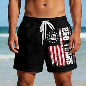 Men's 4th of July U.S. 250th Anniversary US Flag 1776 Swim Trunks Swim Shorts Board Shorts Mid Waist Patriotic Holiday Side Pockets Mesh Lining Elastic Drawstr