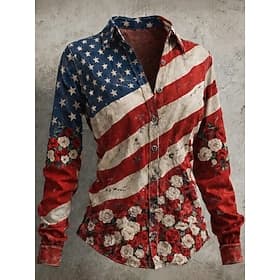 American Independence Day Women's Shirt Blouse Patchwork Buttons Print Graphic Flag Vintage Stylish Casual Long Sleeve Shirt Collar Regular Tops Daily Blue Red