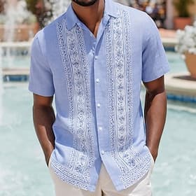 Men's Geometric Pattern Floral Print Ethnic Shirt Guayabera Shirt Button Up Shirt Short Sleeve Vintage Retro Daily Outdoor Vacation Summer Spring Turndown 3D P