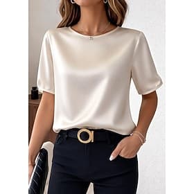 Women's Satin Top T Shirt Solid Color Elegant Stylish Casual Short Sleeve Crew Neck Regular Tops Daily Going out Black Pink Red Green Apricot Summer Spring