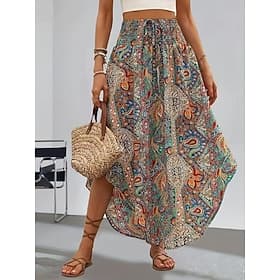 Femmes Jupe de vacances Élégant Bohème Mode Occasionnel Maxi Taille Basse Jupes Graphique Cordon de serrage Taille Élastique Ourlet irrégulier Micro-Élastique