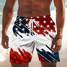 Men's 4th of July U.S. 250th Anniversary US Flag Swim Trunks Bathing Suits Swim Shorts Board Shorts Mid Waist Patriotic Holiday Side Pockets Mesh Lining Elasti