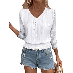 Women's Texture Blouse Eyelet Top Pointelle Tee T Shirt Eyelet Plain Fashion Classic Casual 3/4 Length Sleeve V Neck Regular Tops Casual Daily Beach White Sky