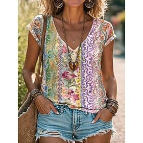 Women's T Shirt Print Floral Graphic Graffiti Bohemia Vintage Casual Short Sleeve V Neck Regular Tops Daily Blue Purple Orange Green Summer Spring