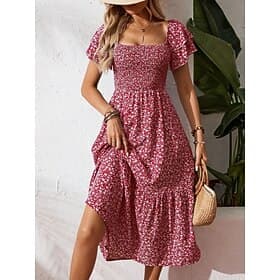 Femmes Robe Midi Robe Décontractée Robe évasée Robe Fleurie Élégant Mode Moderne Extérieur Vacances Sortir Coupe régulière Motif fleuri Manche Courte Col carré