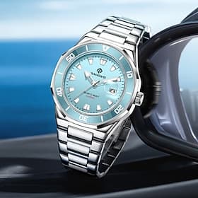 Herren-Quarzuhr, wasserdichte analoge Armbanduhr aus Edelstahl mit hellblau-türkisfarbenem Zifferblatt, Taucheruhr-Design mit Datumsvergrößerung, modische Busi
