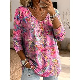 Women's T Shirt Print Floral Graphic Plants Vintage Stylish Classic Long Sleeve V Neck Regular Tops Daily White Light Green Purple Rose Pink Summer Spring