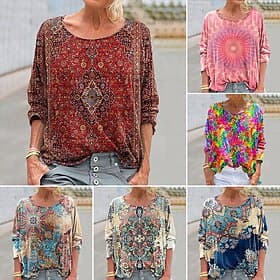 Women's Boho Shirt Blouse Patchwork Print Graphic Vintage Stylish Classic Long Sleeve Crew Neck Regular Tops Daily Holiday Going out Pink Wine Khaki Light Blue