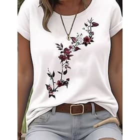 Women's T Shirt Print Floral Graphic Stylish Classic Casual Short Sleeve Crew Neck Round Neck Regular Tops Daily Blue White Pink Gray Summer Spring
