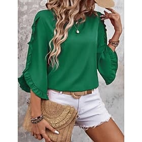 Women's Shirt Blouse Ruffle Blouse Ruffle Plain Stylish Classic Modern 3/4 Length Sleeve Crew Neck Regular Tops Daily Holiday Going out Black Red Orange Green