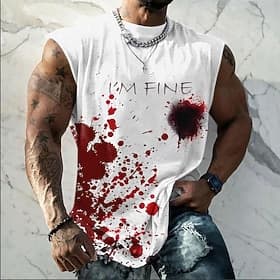 Men's I'M FINE Bloody Splatter Funny Dark Humor T-Shirt All Over Print Sleeveless Tank Top Horror Graphic Muscle Shirt Designer Clothing Apparel S M L XL XXL X