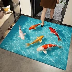 Fußmatte mit Koi-Teich-Motiv, 2D-Flachdruck, 3D-Optik mit Wasser- und Fischmotiv, strapazierfähiges Material, rutschfeste Unterseite, ideal für den Eingangsber