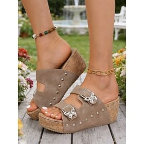 Women's Khaki Wedge Sandals – Cork Heel Summer Slides with Studs Bow Buckle for Garden, Vacation Casual Wear