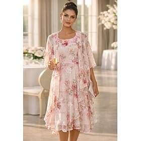 Two Piece A-Line Knee Length Wedding Guest Dress Loose Mother of the Bride Dress Half Sleeve Scoop Neck Elegant Simple Casual Formal Wedding Guest Holiday Chif