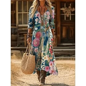 Dame Maxikjole Boho-kjole Vintage kjole Uformell kjole Årgang Daglig utendørs Feriereise Normal Blomstret Langermet V-hals Blå Vin Oransje Vår Høst