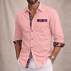 Men's Shirt Linen Shirt Summer Shirt Beach Wear Button Up Shirt Floral Casual Daily Blue Black White Pink Long Sleeve Lapel Summer Spring Clothing Apparel Spli