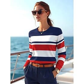 Femmes T-shirt Imprimé Rayé Graphique Géométrique Océan ancien Mode Élégant manche longue Col ras du cou Hauts Réguliers Quotidien bleu marine Été Printemps