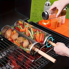 2-teiliges Grillset aus Edelstahl mit Holzgriff Aufhängehaken, robuster tragbarer Außengrill, Grillkorb Grillzange, gleichmäßige Hitzeverteilung, geeignet für