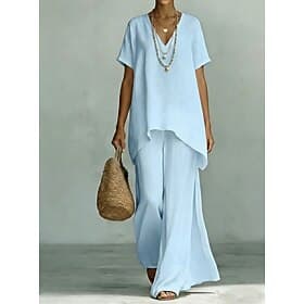 Femmes Ensembles en coton et lin Manche Courte Col en V Couleur Unie Vacances Quotidien Occasionnel Quotidien Bleu Noir Jaune Printemps Été
