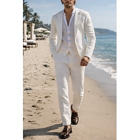 Herren Leinenanzüge Strandhochzeit Weiß Beige Frühling, Herbst, Winter, Sommer Anzug Leicht Lässig Einfarbig Standard Passform 2-teilig Einreiher - 1 Knopf