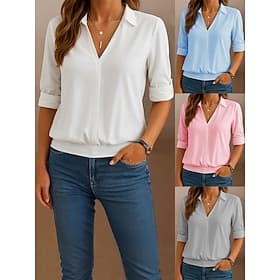 Per donna Camicia Blusa Patchwork Semplice Elegante Classico Moderno Manica Lunga Colletto a Camicia Top Regolari Quotidiano Ufficio Ferie Bianco Rosa Grigio A