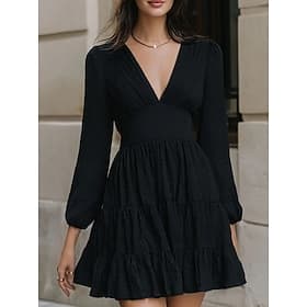 Damen Minikleid schwarzes kleid Freizeitkleid A Linie Kleid Elegant Mode Modern Outdoor Urlaub Ausgehen Normale Passform Einfach Langarm V Ausschnitt Schwarz S