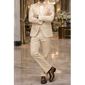 Men's Champagne Jacquard Tuxedo Suit 2 Piece Slim Fit – Wedding Prom Dinner Party Suit, One Button Shawl Lapel Blazer Pants, Available in Burgundy, Green, Blac