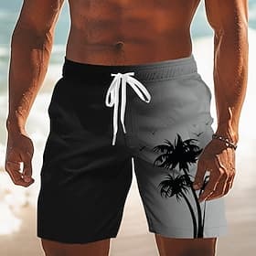 Men's Coconut Tree Gradient Color Swim Trunks Bathing Suits Swim Shorts Board Shorts Mid Waist Hawaiian Beach Vacation Wear Side Pockets Mesh Lining Elastic Dr