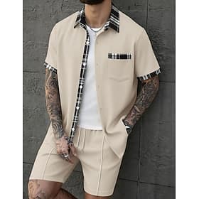 Men's 2 Piece Shirt Set Summer Set And Set Contrast Color Casual Daily Vacation Shirt Collar Short Sleeve Short Pant Summer Spring Fashion Casual Comfortable C